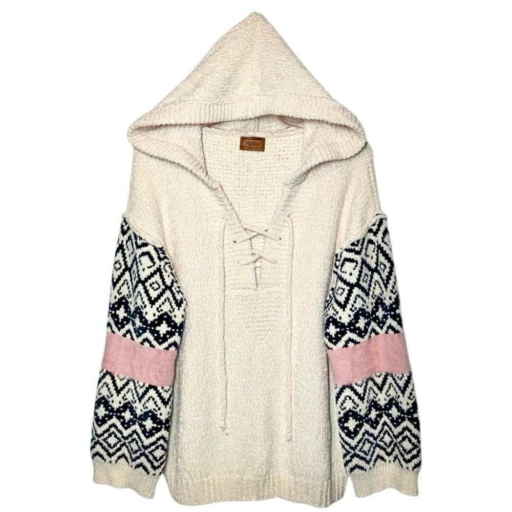 POL Lace Up Chenille Hooded Sweater in Cream/Black/Pink Women’s S